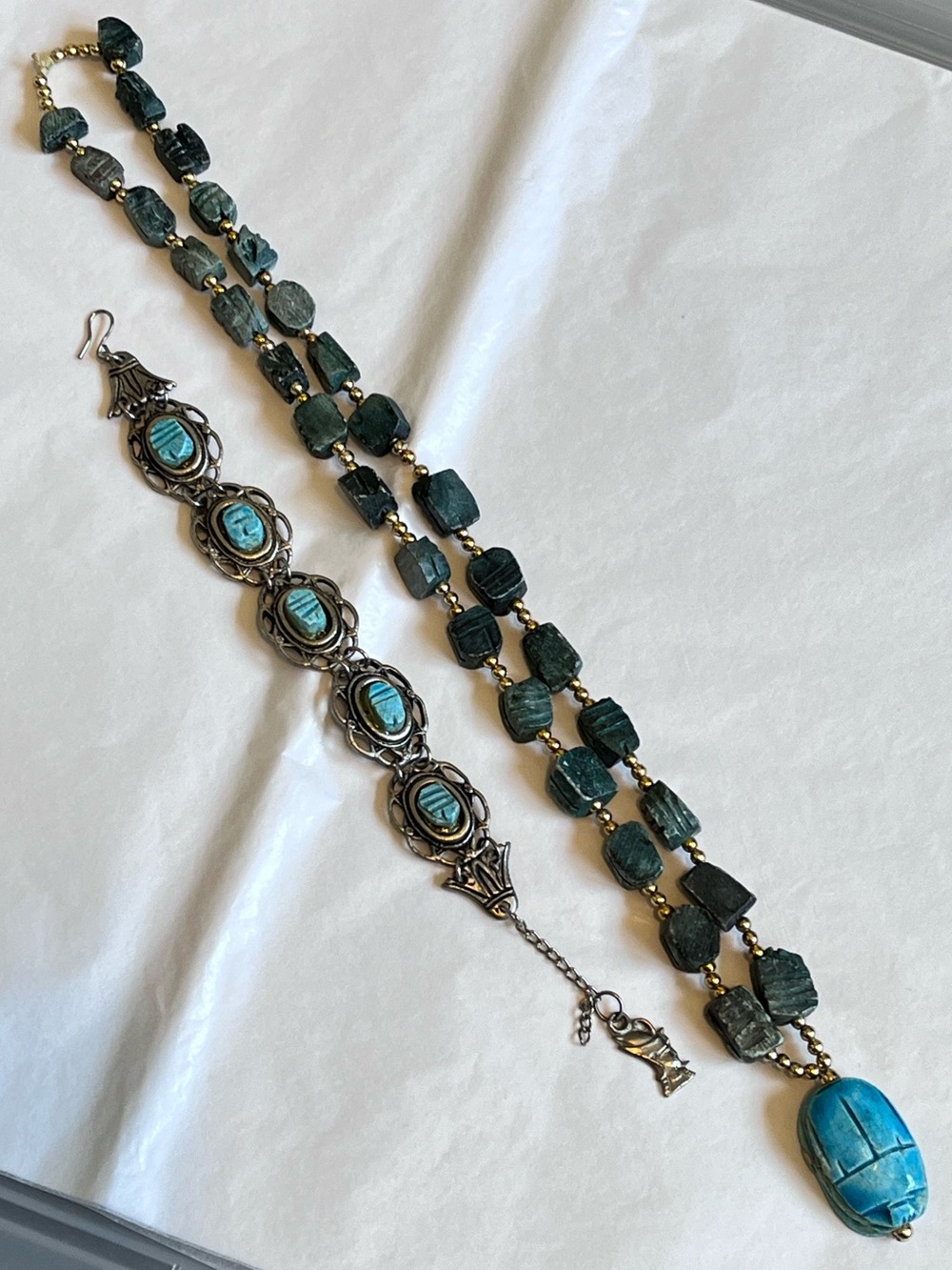 Vintage 1990s Egyptian Revival Scarab Jewelry Set Faience Necklace Bracelet Lot